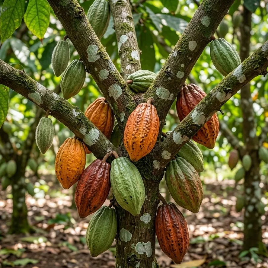 cocoa pods on plantation trees